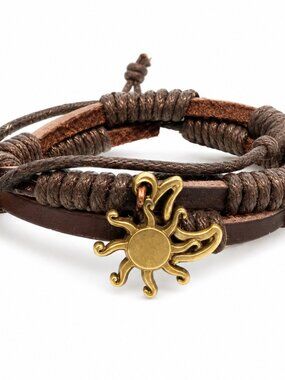 Handmade Boho Unisex Sun & Moon Leather Bracelet NWT Adjustable Bronze Charm